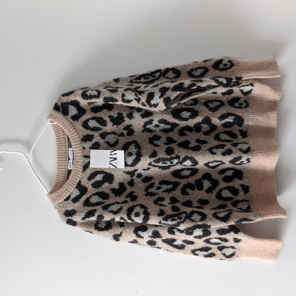 New Zara Oversized Slouchy Mohair Wool Leopard Cheetah Sweater Beige Medium